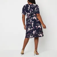 Jessica Howard Womens 3/4 Sleeve Floral Midi Fit + Flare Dress Plus