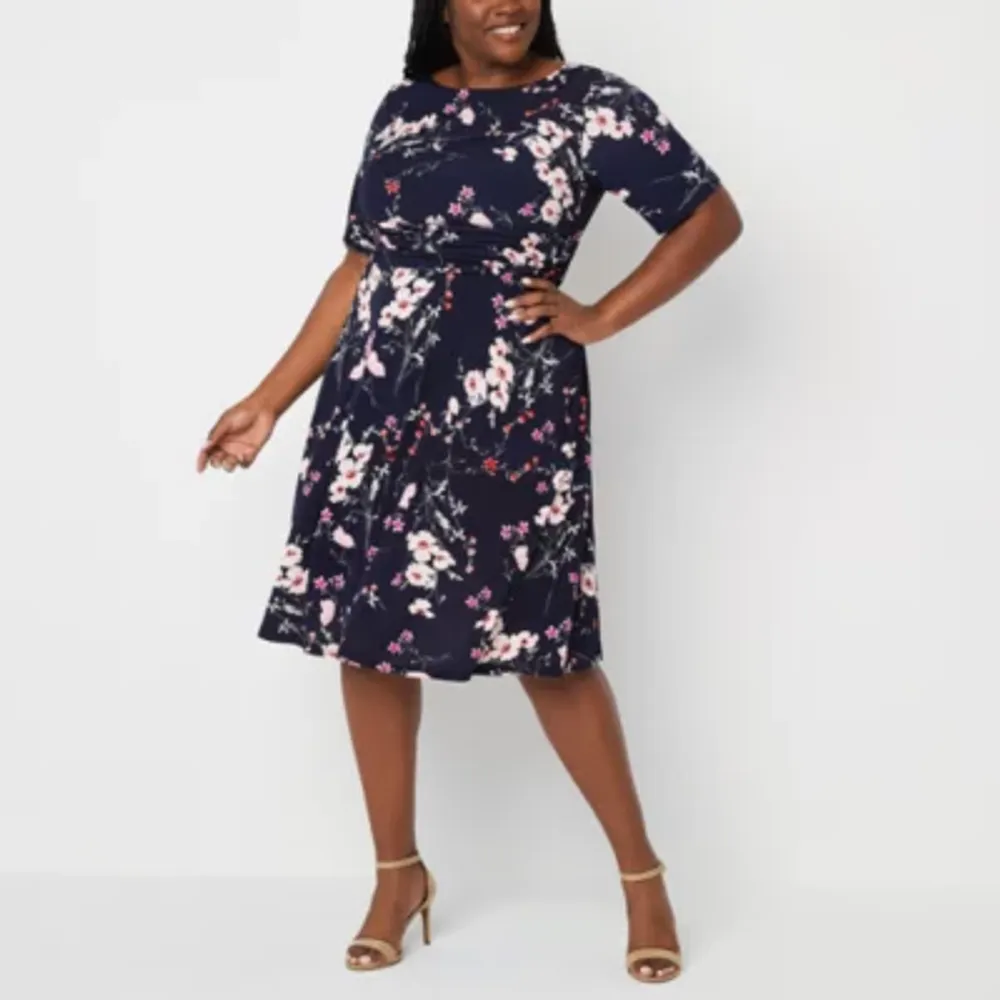 Jessica Howard Womens 3/4 Sleeve Floral Midi Fit + Flare Dress Plus