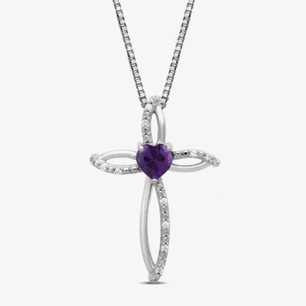 Womens Lab Created Purple Amethyst Sterling Silver Cross Heart Pendant Necklace