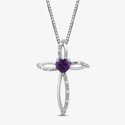 Womens Lab Created Purple Amethyst Sterling Silver Cross Heart Pendant Necklace