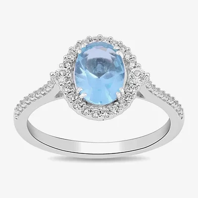 Womens Simulated Blue Aquamarine Sterling Silver Halo Side Stone Cocktail Ring