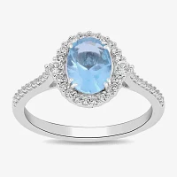 Womens Simulated Blue Aquamarine Sterling Silver Halo Side Stone Cocktail Ring