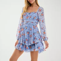 City Triangle Womens Long Sleeve Floral Fit + Flare Dress Juniors