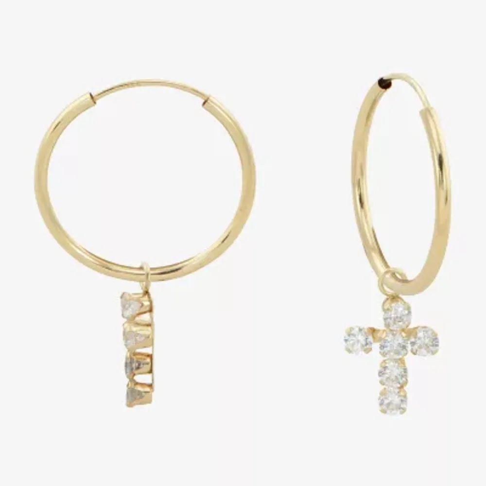 White Cubic Zirconia 14K Gold 18mm Cross Hoop Earrings