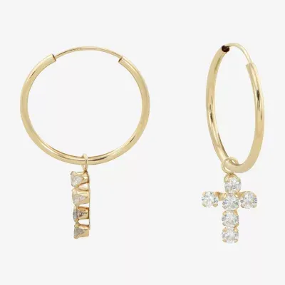 White Cubic Zirconia 14K Gold 18mm Cross Hoop Earrings