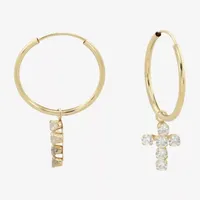 White Cubic Zirconia 14K Gold 18mm Cross Hoop Earrings