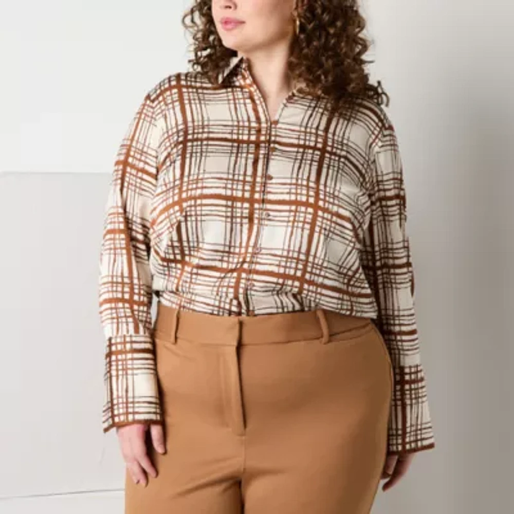 Worthington Plus Womens Long Sleeve Fitted Button-Down Shirt