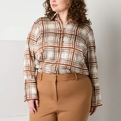 Worthington Plus Womens Long Sleeve Fitted Button-Down Shirt