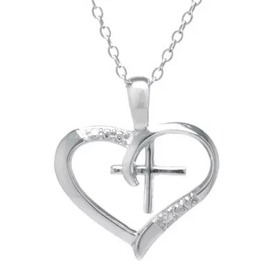 Silver Treasures Cubic Zirconia Sterling Silver Cross Heart Pendant Necklace