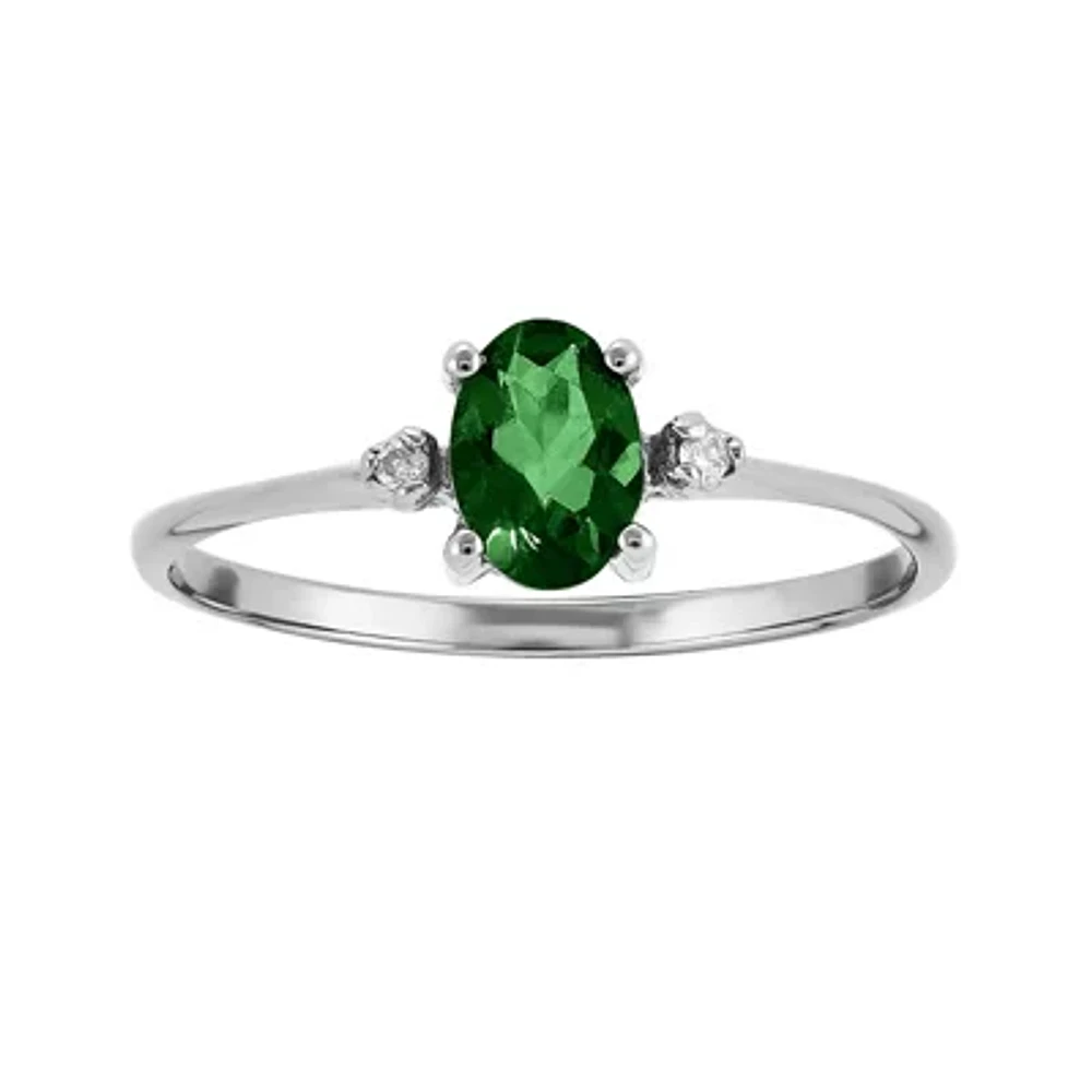 Genuine Emerald Diamond-Accent 14K White Gold Ring