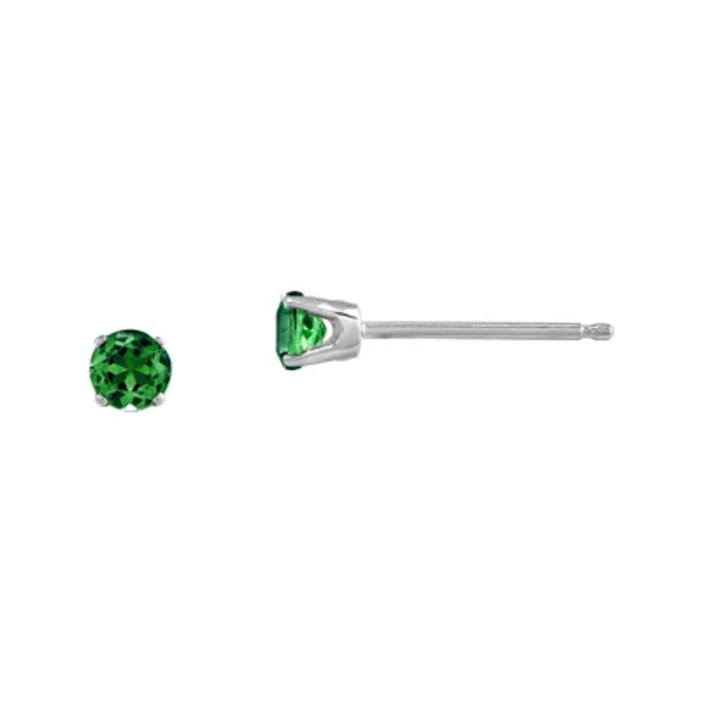 3mm Round Genuine Emerald 14K White Gold Earrings