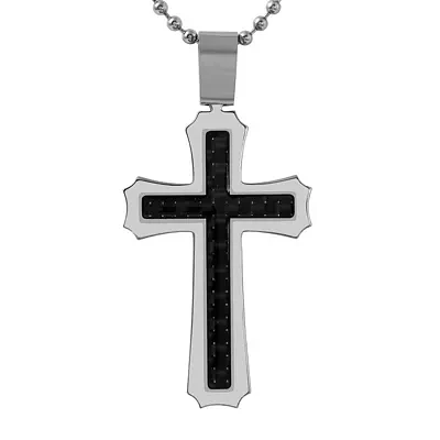 Mens Carbon Fiber Stainless Steel Cross Pendant