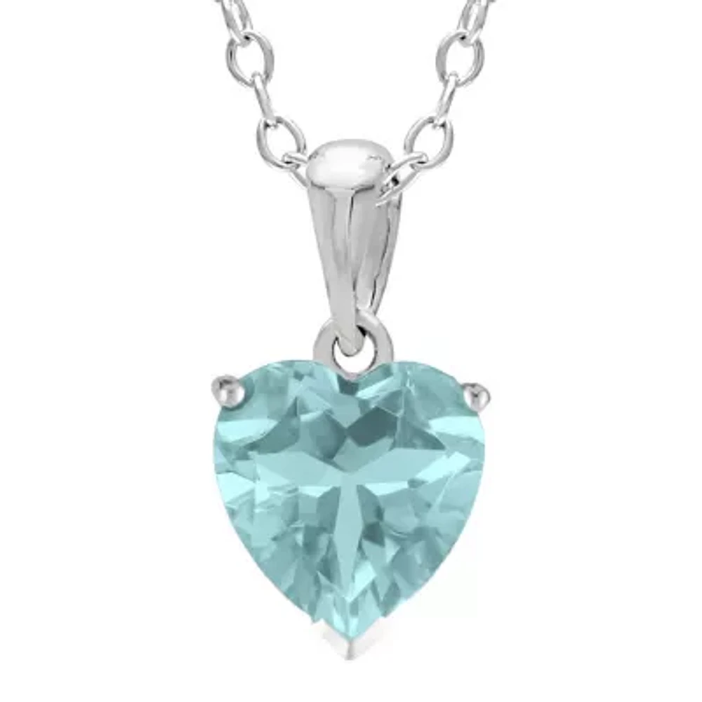 Heart-Shaped Simulated Aquamarine Sterling Silver Pendant Necklace