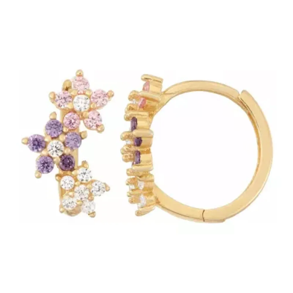Multi Color Cubic Zirconia 14K Gold Over Silver 12.8mm Flower Hoop Earrings