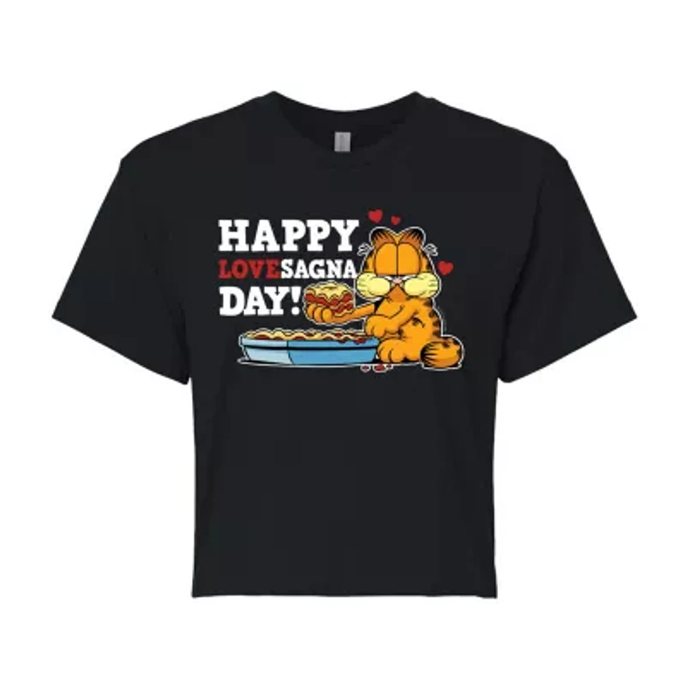 Juniors Happy Lovesagna Day Cropped Tee Womens Crew Neck Short Sleeve Garfield Graphic T-Shirt