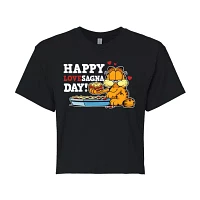 Juniors Happy Lovesagna Day Cropped Tee Womens Crew Neck Short Sleeve Garfield Graphic T-Shirt