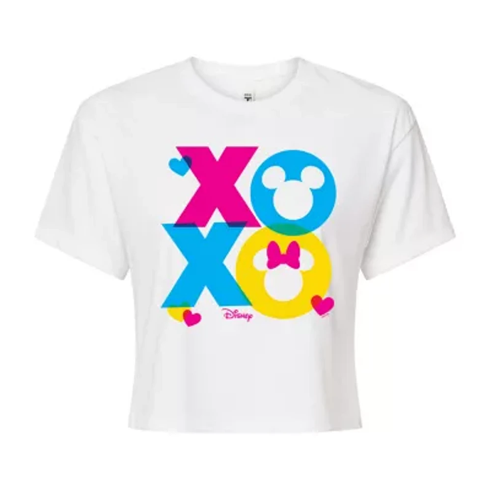 Juniors Xoxo Cropped Womens Crew Neck Short Sleeve Mickey and Friends Graphic T-Shirt