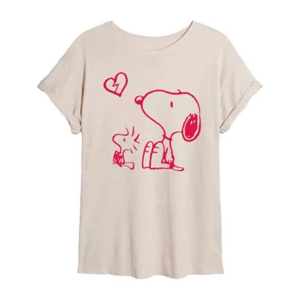 Juniors Womens Crew Neck Short Sleeve Peanuts Snoopy Graphic T-Shirt