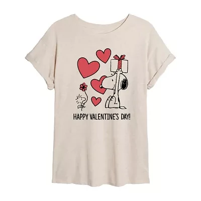 Juniors Happy Valentine'S Day Womens Crew Neck Short Sleeve Peanuts Snoopy Graphic T-Shirt