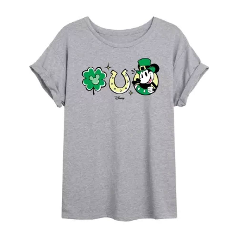 Juniors Disney Shamrock and Luck Tee Womens Crew Neck Short Sleeve Mickey Friends Graphic T-Shirt