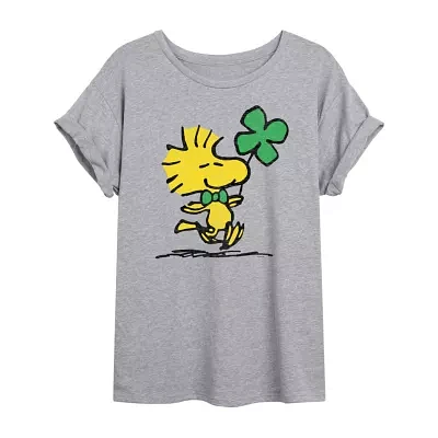 Juniors Woodstock Shamrock Tee Womens Crew Neck Short Sleeve Peanuts Snoopy Graphic T-Shirt