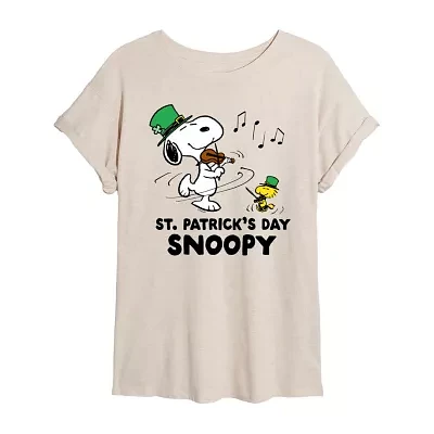 Juniors St Patrick'S Day Womens Crew Neck Short Sleeve Peanuts Snoopy Graphic T-Shirt