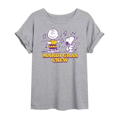 Juniors Charlie Brown And Mardi Gras Crew Tee Womens Neck Short Sleeve Peanuts Snoopy Graphic T-Shirt