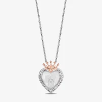 Enchanted Disney Fine Jewelry Womens 1/8 CT. T.W. Genuine White Quartz 14K Rose Gold Over Silver Sterling Silver Crown Heart Princess Pendant Necklace