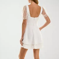 City Triangle Womens Short Sleeve Embellished Pearl Trim Fit + Flare Dress Juniors