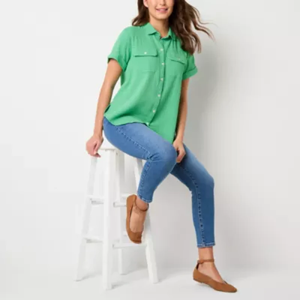 a.n.a Tall Womens Short Sleeve Regular Fit Button-Down Shirt