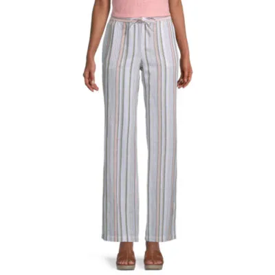 Liz Claiborne Linen Womens Mid Rise Wide Leg Drawstring Pants