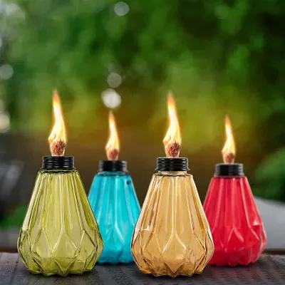 Deco Window Set Of 4 Indoor Outdoor Tabletop Glass Lamp Multicolored Lantern With Fiberglass Torch