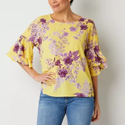 Liz Claiborne Womens Round Neck Elbow Sleeve Blouse