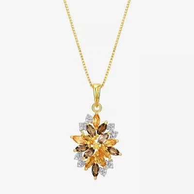 Womens Genuine Yellow Citrine 18K Gold Over Silver Flower Pendant Necklace