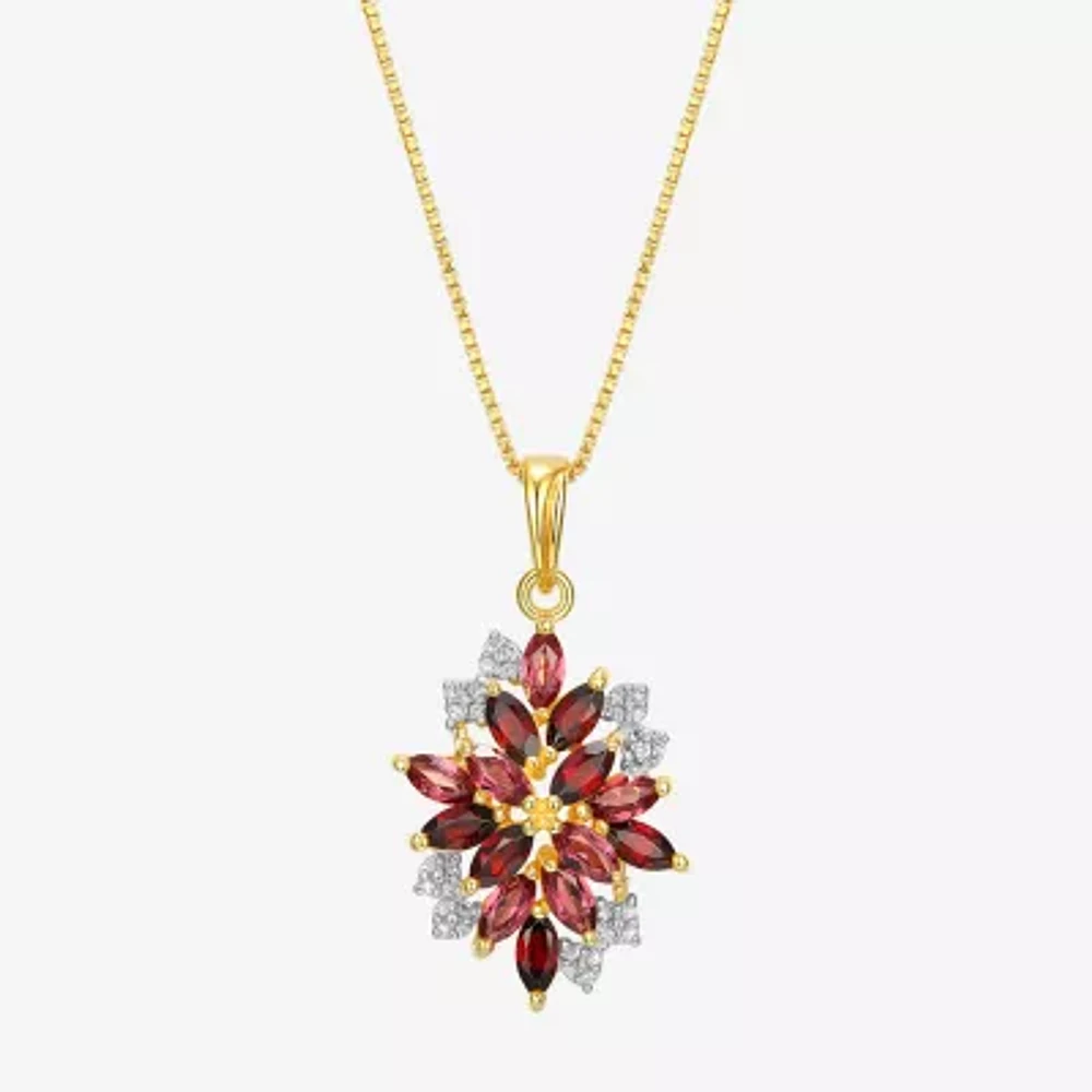Womens Genuine Red Garnet 18K Gold Over Silver Flower Pendant Necklaces