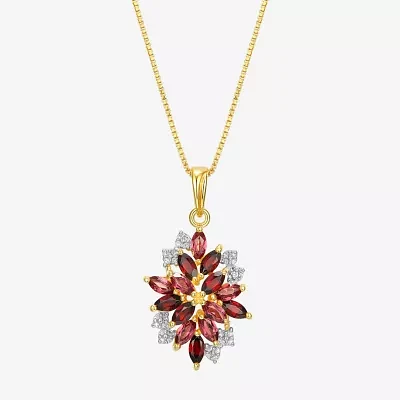 Womens Genuine Red Garnet 18K Gold Over Silver Flower Pendant Necklaces