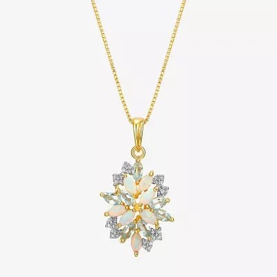 Womens Lab Created White Opal 18K Gold Over Silver Flower Pendant Necklace