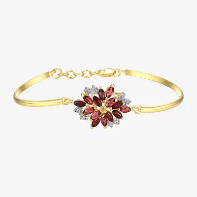 Genuine Red Garnet 18K Gold Over Silver Flower Bangle Bracelet