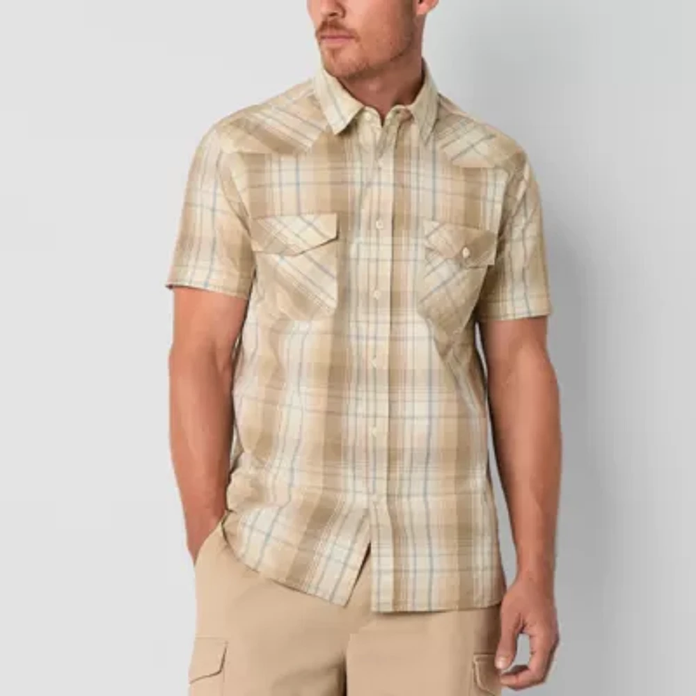 Frye and Co. Mens Regular Fit Short Sleeve Plaid Button-Down Shirt