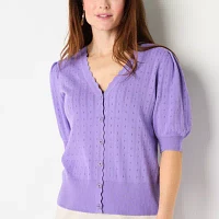 Liz Claiborne Womens V Neck Short Sleeve Button Paisley Cardigan