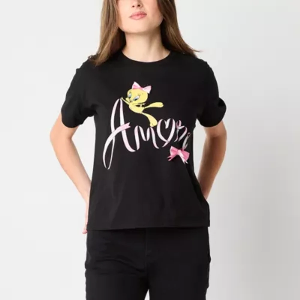 Juniors Tweety Amore Bows Relaxed Cropped Tee Womens Crew Neck Short Sleeve Graphic T-Shirt