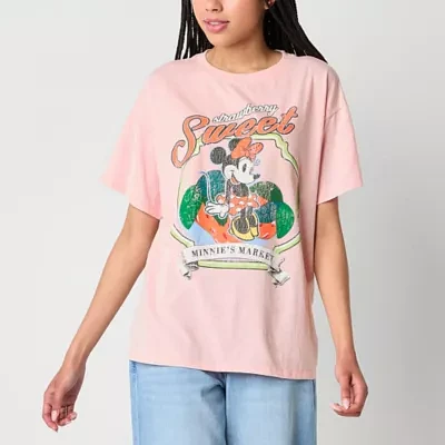 Juniors Minnie Mouse Strawberry Market Boyfriend Tee Womens Crew Neck Short Sleeve Graphic T-Shirt
