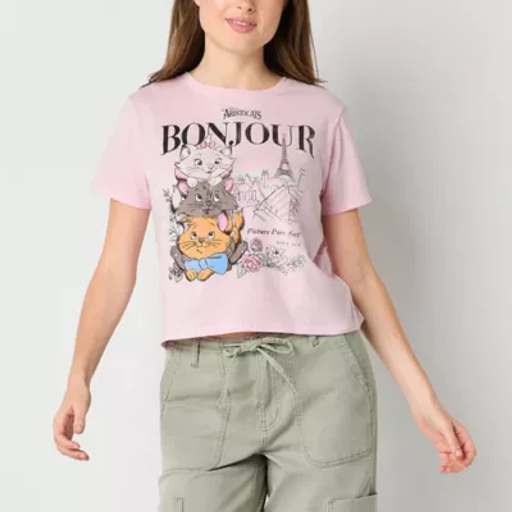 Juniors Disney The Aristocats Bonjour Semi Fit Womens Crew Neck Short Sleeve Graphic T-Shirt