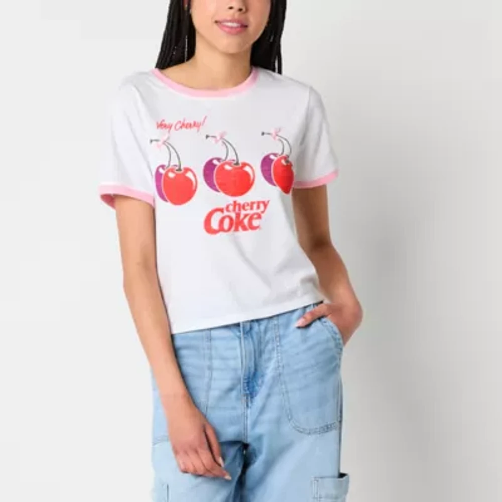 Juniors Cherry Coke Bows Ringer Semi Fit Tee Womens Crew Neck Short Sleeve Graphic T-Shirt