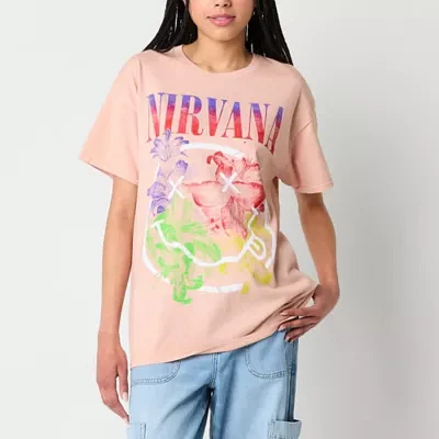 New World Juniors Nirvana Smiley Floral Oversized Tee Womens Crew Neck Short Sleeve Graphic T-Shirt