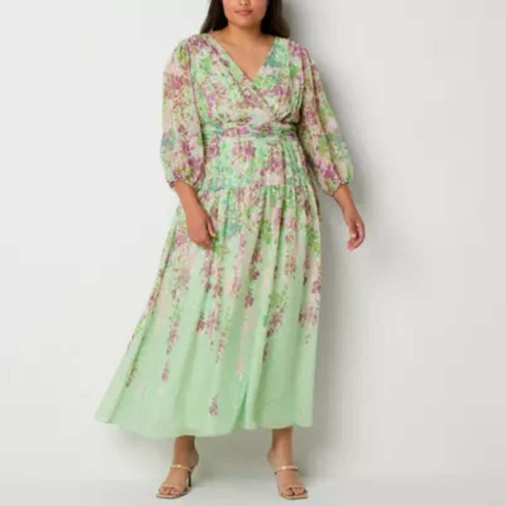 Danny & Nicole Womens 3/4 Sleeve Floral Maxi Dress Plus