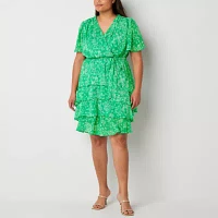 Studio 1 Womens Short Sleeve Floral Midi Fit + Flare Dress Plus