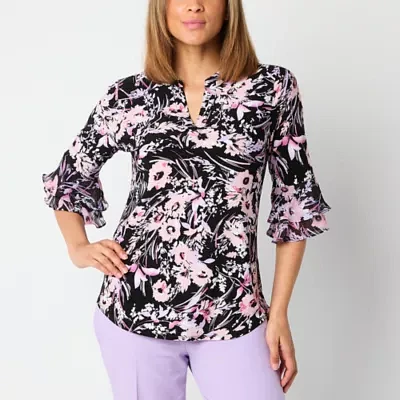 Black Label by Evan-Picone Floral Womens Split Crew Neck 3/4 Sleeve Blouse