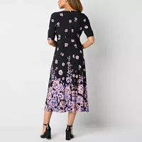 Black Label by Evan-Picone Womens Short Sleeve Floral Midi Fit + Flare Dress