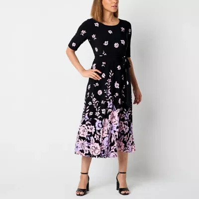 Black Label by Evan-Picone Womens Short Sleeve Floral Midi Fit + Flare Dress